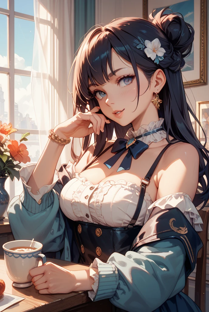 （hoang lap，hight resolution，Hyper-detailing，nffsw），tmasterpiece，best qualtiy，1girll ，Handsome，cabelos preto e longos，A detailed face，A dark-haired、Blouses with ruffles、cafe terrace，Cafe Girl、denim、Dimples、，Glorious glitter、Self-shot，lightsmile，（teal eyes）