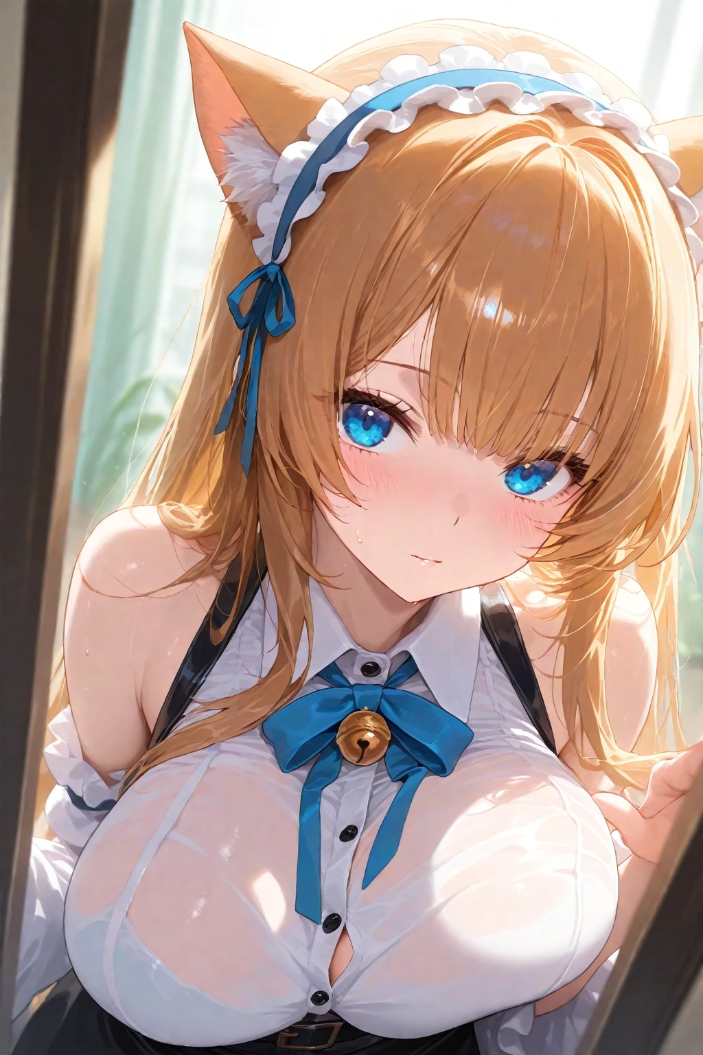(tmasterpiece, Best quality, A high resolution), 1 girl, Alone, Oversized fox tail,Green-eyed,(Long brown hair_Side French brmall ,Floral headdress, (27years old,Busty wife)_F Cup,modernn architecture, 摩洛解放阵线, At home,in pajamas,Put your hands into your clothes,put it on your chest,A girl who loves breasts,疯狂地将双手put it on your chest,