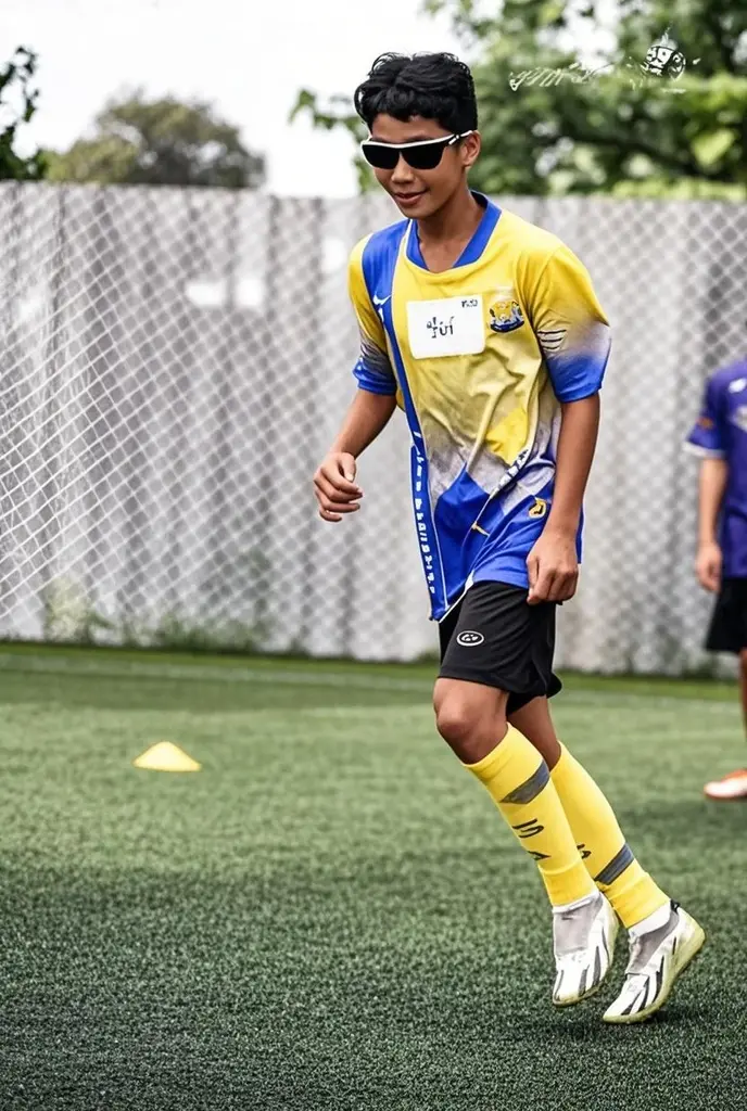 (photorealism) 16 year old Indonesian male ,haircut (short slicked back),Thin and short body (short) ,playing futsal ,wearing a jersey , on the futsal field