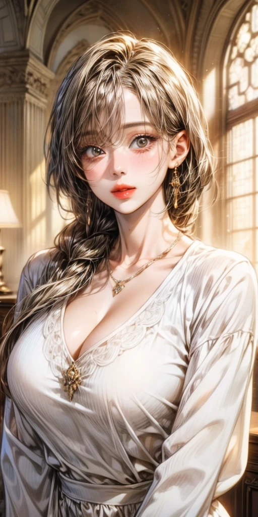 Photograph of the upper body of a beautiful woman, , [see through](brown sweater:1.47),(white shirt:1.47),(light brown skirt), big breasts, ( perfect body curves), earring, Sharp focus, (tall body, mature woman), ((Looking ahead)), (Highly detailed skin, hair follicles:1.4) (long silver hair),(grey eyes), Wearing glasses, office outfit 