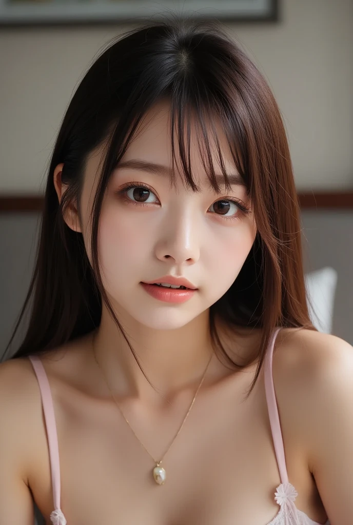 Realistic photos of (1 cute Korean star) brown hair over one eye, thin makeup, 32 inch breasts size, wearing sleeveless shirt, sitting on a bench in front of the ramen restaurant, close-up portrait, UHD