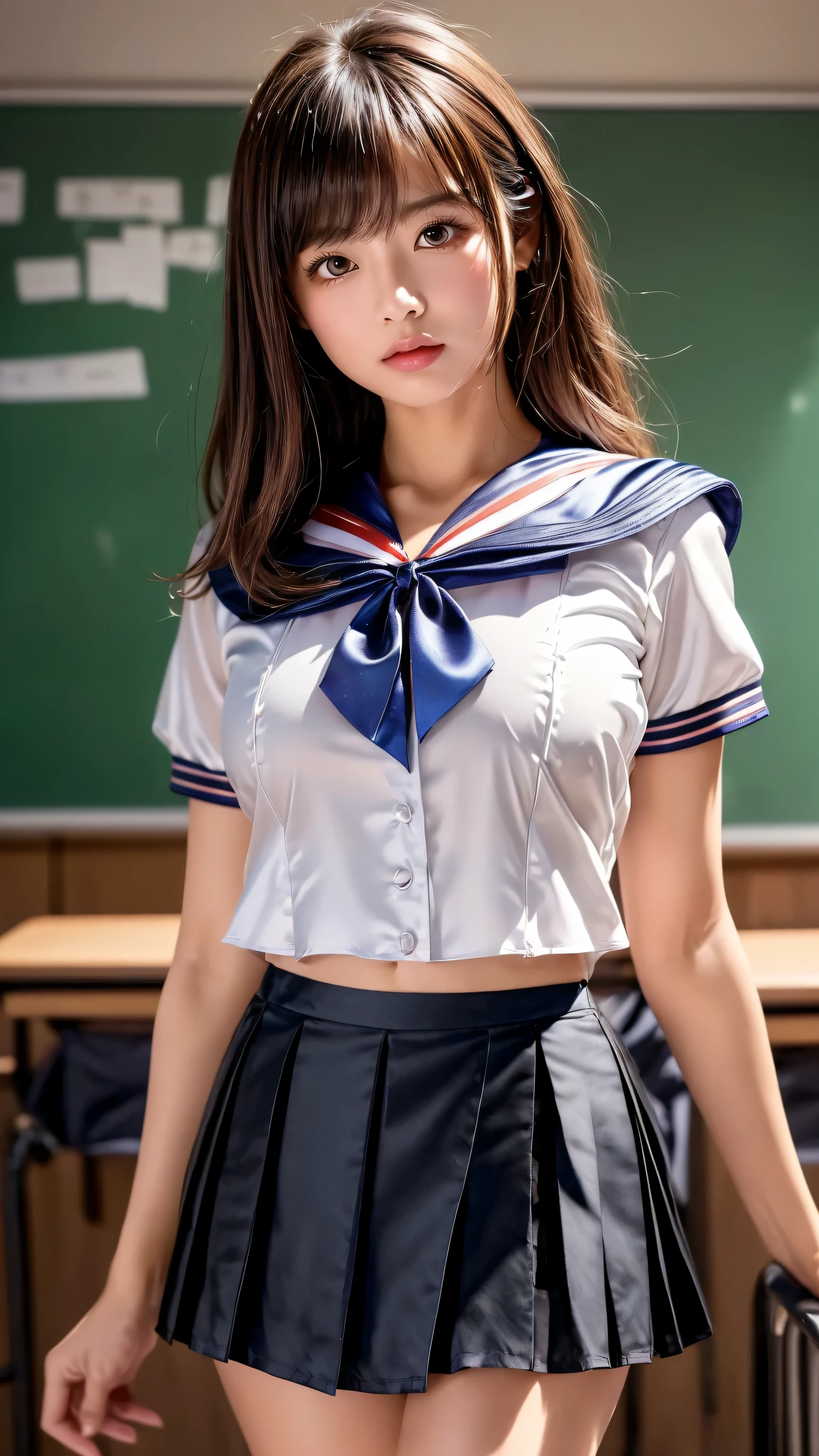 (8K, best quality, masterpiece:1.2), (realistic, photo-realistic:1.37), (high color saturation:1.0), (highly detailed skin), (highest quality:1.0), (ultra high resolution:1.0) ,(realistic:1.0), (Super detailed:1.0), (8K, Raw photo:1.1)、standing random pose, smiling, natural breast, perfect lighting, ((3girls students)), 18years old, (mysterious), clear and detailed, ((school_uniform, Japanese sailor uniform, flared skirt)), (classroom), cute face, (white_panties),