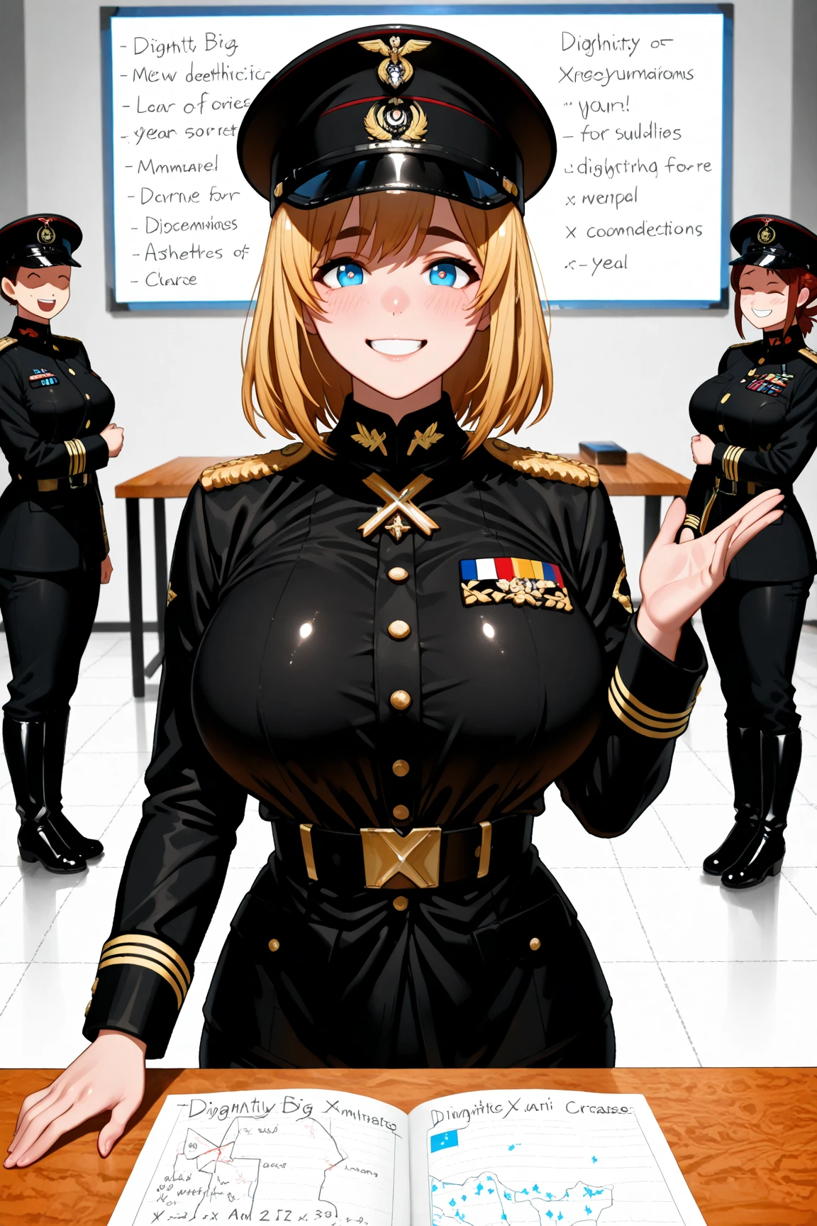 masterpiece, best quality, 1girl, solo, large breasts, (big breast implants, fake , unaligned breasts, perfectly round breasts), SFW, military uniform, standing at attention, holding a rifle, looking at viewer,