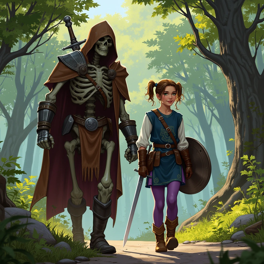 create an illustration in a digital art style, richly detailed, of a girl adventurer walking side by side with a skeleton warrior. She has brown hair in pony tails, brown eyes. She wears a dark blue tabard over a white shirt, purple tights, big boots made of leather, big gloves that are too big for her. she wears a sword at her hip, resting in a scabbard, and carries a shield on her back. The skeleton warrior wears a ragged brown cloak and hood, heavy leather boots and gloves, and chainmail for armor, he carries a large sword on his back. Show her exploring a forest during the day time, the leafy trees provide shade.