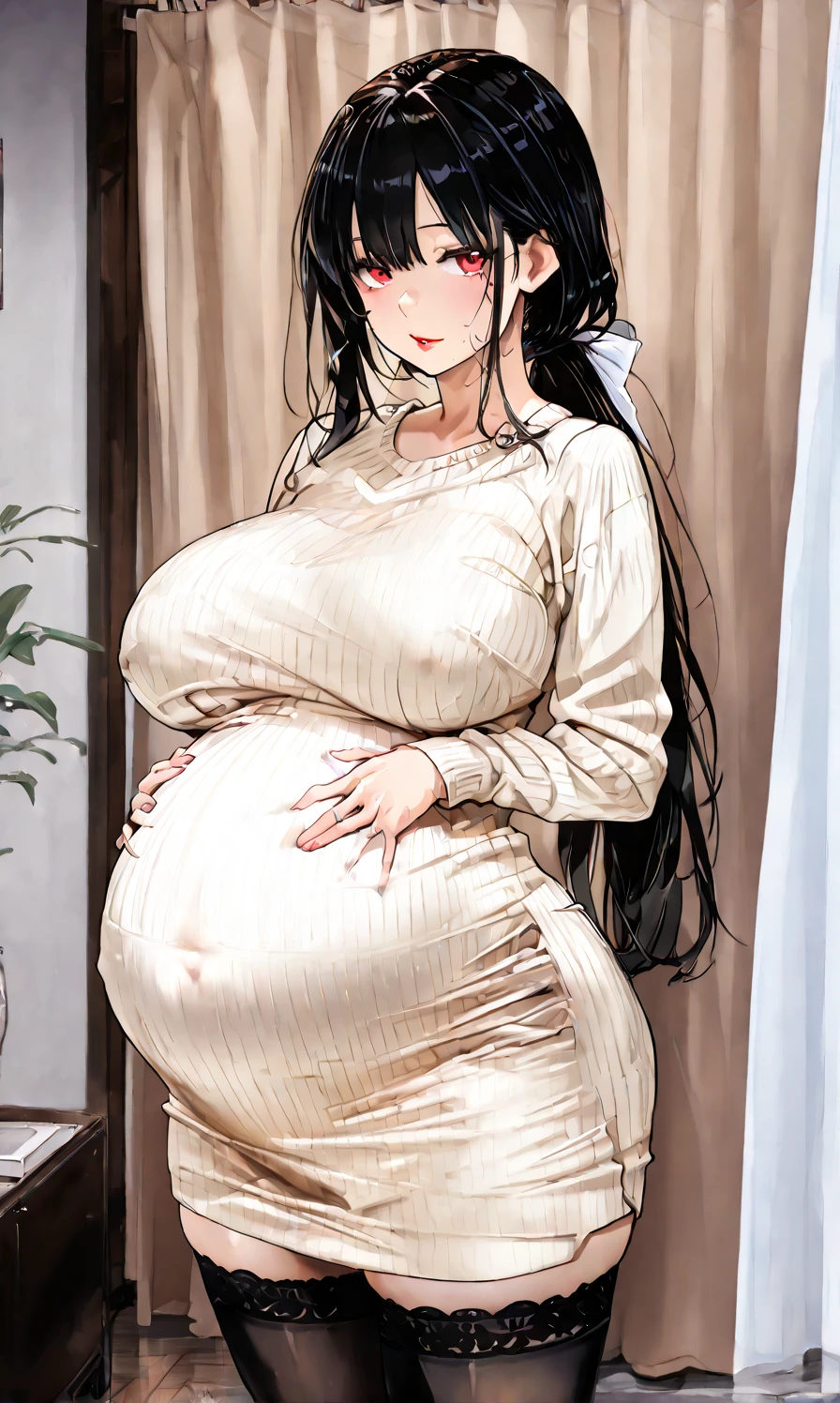 (anime moe style)),((game CG)),(masterpiece),(highest quality), (Super detailed),shape,((very delicate and beautiful)),　, very shy look,looking at the viewer,(((18 years old female)),((whole body)),detailed face and eyes,eyes like jewels,(loosely braided long hair),,,(super huge breasts,long and slightly saggy breasts,very big nipples）　Overall image　Black hair and dark eyes　　　　plump body　　　　 Durable slave collar Glasses Cow print maxi dress Kneeling Pregnant woman with big belly Elegant cow print clothes