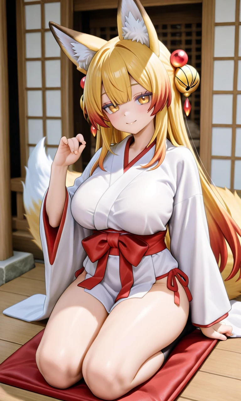 long hair of golden color、hime-cut、Golden Eyes、eye glasses、ssmile、Early teens girl、Smaller chest、Thin pubic hair、open transparent robe、Opening legs、traditional Japanese room