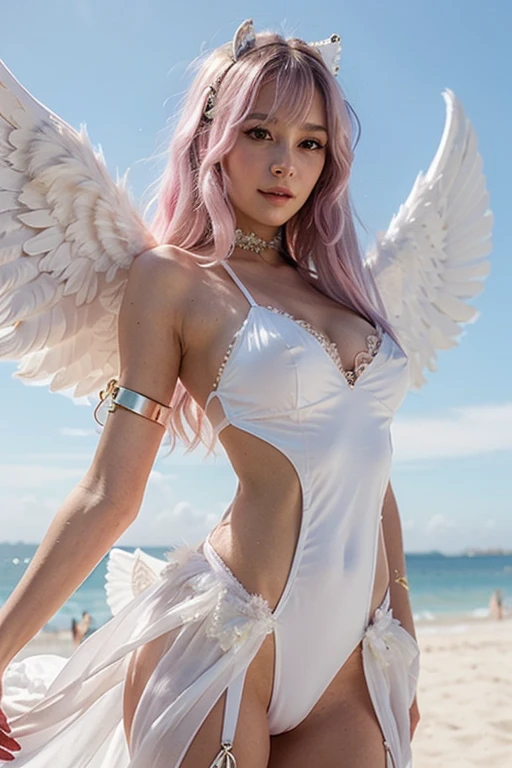 female angel、white angel wings、break、、Pink hair ponytail、break、Iridescent bikini、background is sky