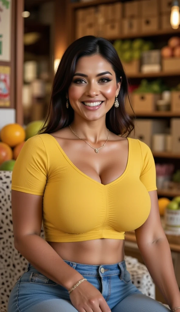 Jillie, 1girl, solo, realistic, consistent image, (((mature))), (((40 years old))), blouse and leggings, market, ((((Latina woman))), (((brown complexion))), (((Latina dark skin)))