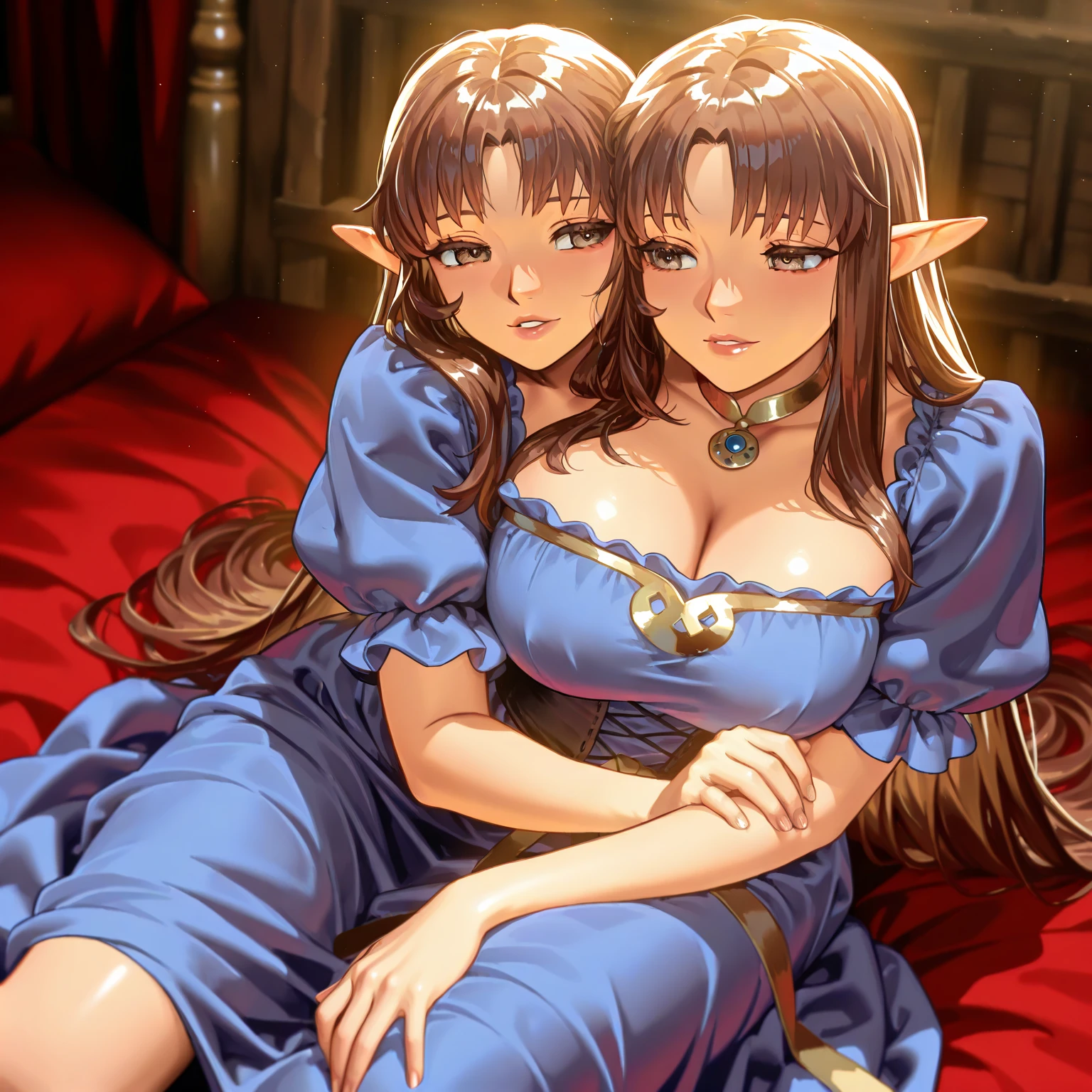 (absurdres, Masterpiece, best high quality image, carefuly detailed features and textures, very detailed image, no deformity, good anatomy, full character view and design, character alone) {{(1character:900 years old brown-haired elf noble mature beautiful milf princess:,(dark-brown short-messy-spiky-hair with ahoge, fair skin, purple eyes, brown eyebrows, absolute feminine elder beauty, beautiful and sexy features, huge breasts, tall voluptuous body, beautiful arms, beautiful legs, short pointy ears, beautiful hips, smiling, happy expression, modeling sexy pose),(she wears: purple one-piece fitness leotard, red-jewell gold-necklace),(she is: lying on bed seductive and horny,), (double bed, double bedroom, with pink bed-sheets, wooden bed, blue walls, marble furniture)}}