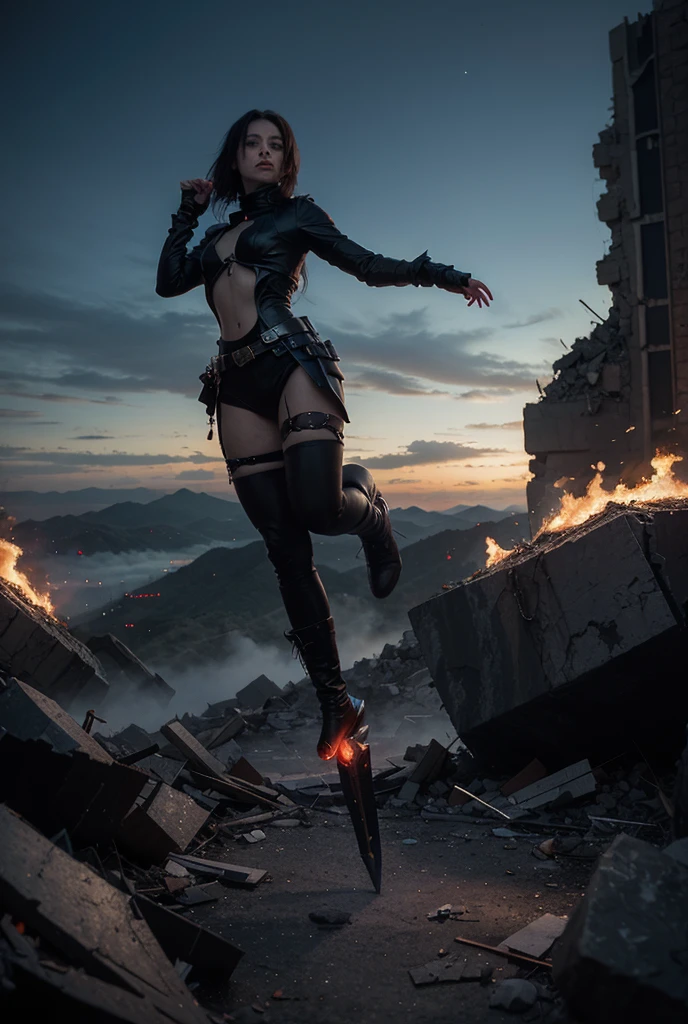Young prety asian sexy girl.Full body sexy armour.Smile with large sharp fang.Semi mecha gloves with spike.Semi mecha armored boot with spike.Fire and Poison Wings.Destroyed city.A lot of fire thunder and smoke.A lot of little monster and gremlins.