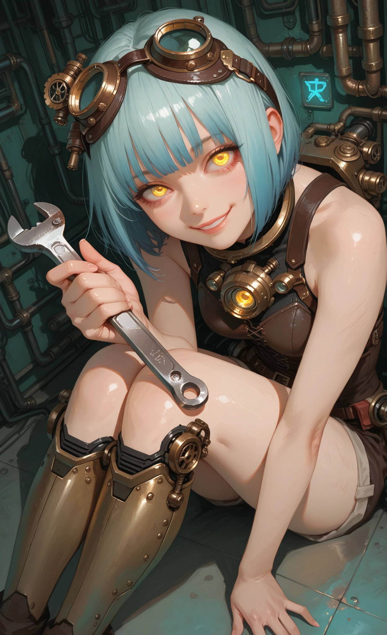 A Female robot is sleeping in bedroom, spread legs, nude, banzai pose. she wears no dress. She Brown short hair is tied with two big red clothespins, She lifts up the under hem of her white plain dress, leaning over, masterpiece, very short pigtails,brown hair, mature, android, blue eyes, full body figure, Height: 160cm, flushed cheeks, 2020s anime picture, A beautiful robot with short brown hair in two short pigtails held up by two very large huge red clothespins, Uplifting, No NSFW, whole body, barefoot, archaic smile, getting orgasm, 25 years old, sweat bucket. 