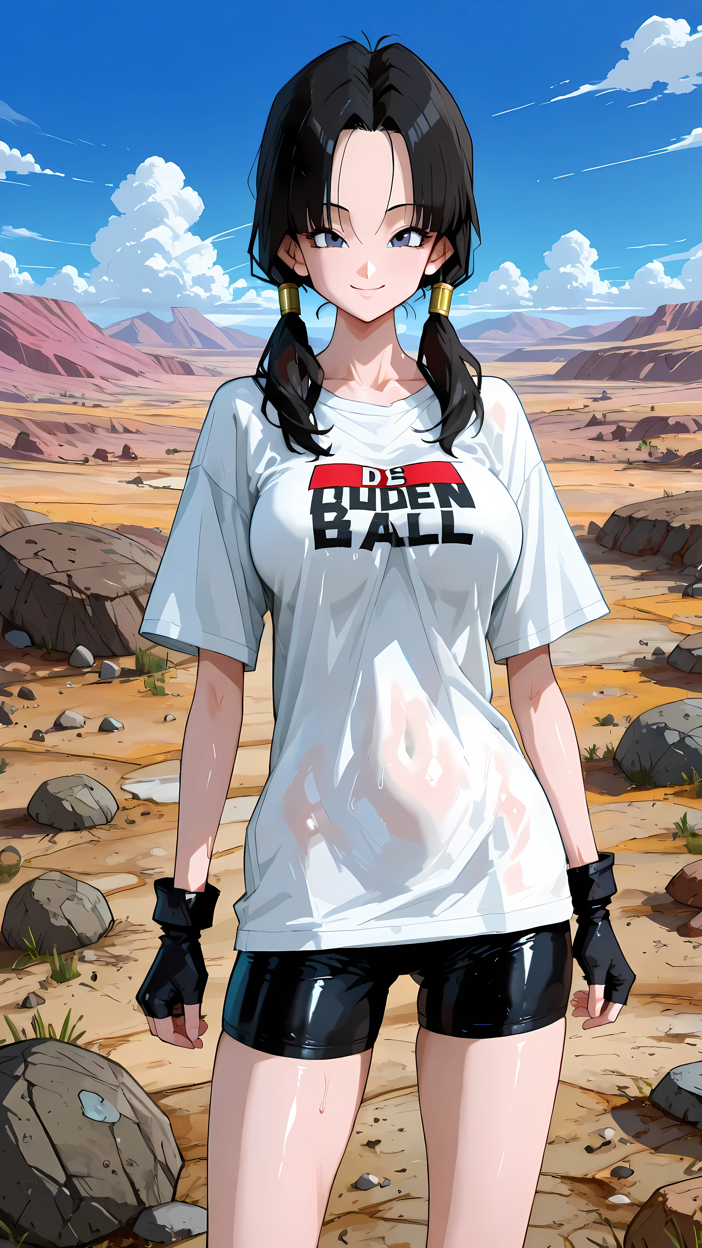 (masterpiece,best quality:1.2,amazing quality,very aesthetic, absurdres,newest) ,YamamotoXLP,,
 , Videl, dragon ball,1girl,solo(ideal ratio body proportions:1.2) ,(slender body:1.2, skinny:1.2), medium breasts,black hair,parted bangs,low twintails,smile,white t-shirt,oversized t-shirt,black compression shorts,black gloves,fingerless gloves,gleaming skin,standing,wasteland,A rocky tract,daytime,