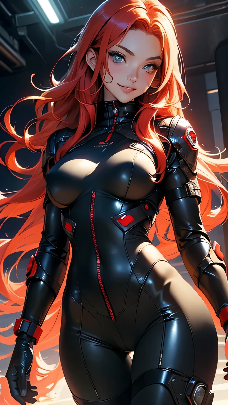 official art, Unity 8K wallpaper, ultra detailed, beautiful and aesthetic, masterpiece, best quality, realistic, Full body Shot, skindentation, souryuu asuka langley, headset interface, bodysuit under clothes, detailed eyes, detailed face, detailed hair, black background, straight-on, looking at the viewer, shiny