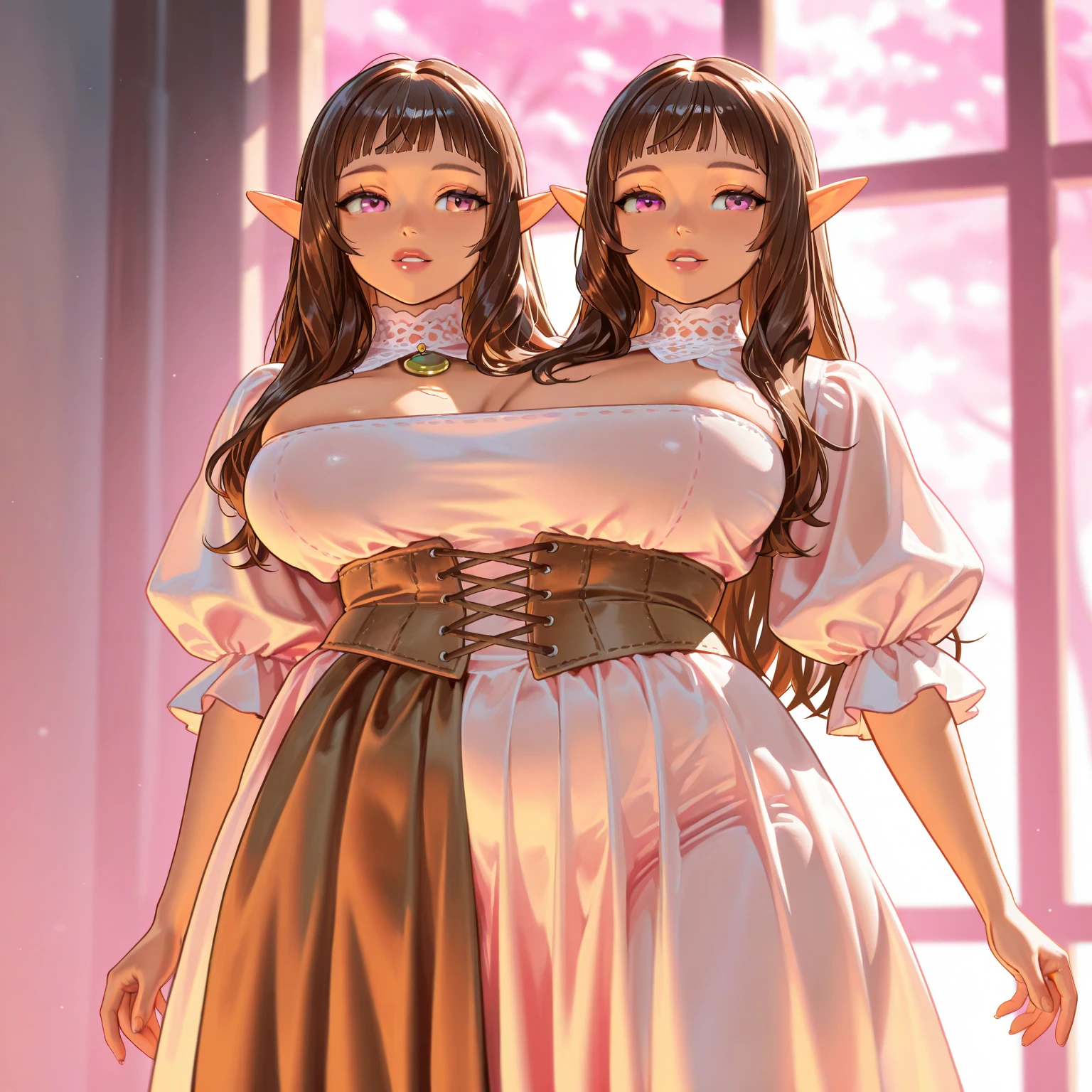 (2 young girls with long hair, Beautiful face and eyes, pink eyes, Charming smile, (Maid cafe costume with frilly breasts and wide open breasts, Pleated mini skirt:1.5), (Daikai Maid Cafe Costume:1.2), Sexy transparent underwear and panties, Miniskirt turned inside out、Underwear half exposed、Show belly button、 Extra large breasts、(very pretty girl), With pendants and bracelets、brown hair, Fashion hair accessories quality:1.4), (Extremely detailed), (Extremely detailed CG unified 8k wallpaper), Very detailed, High-resolution original color photos, Professional photography, Depth of Field, (Lying in bed)