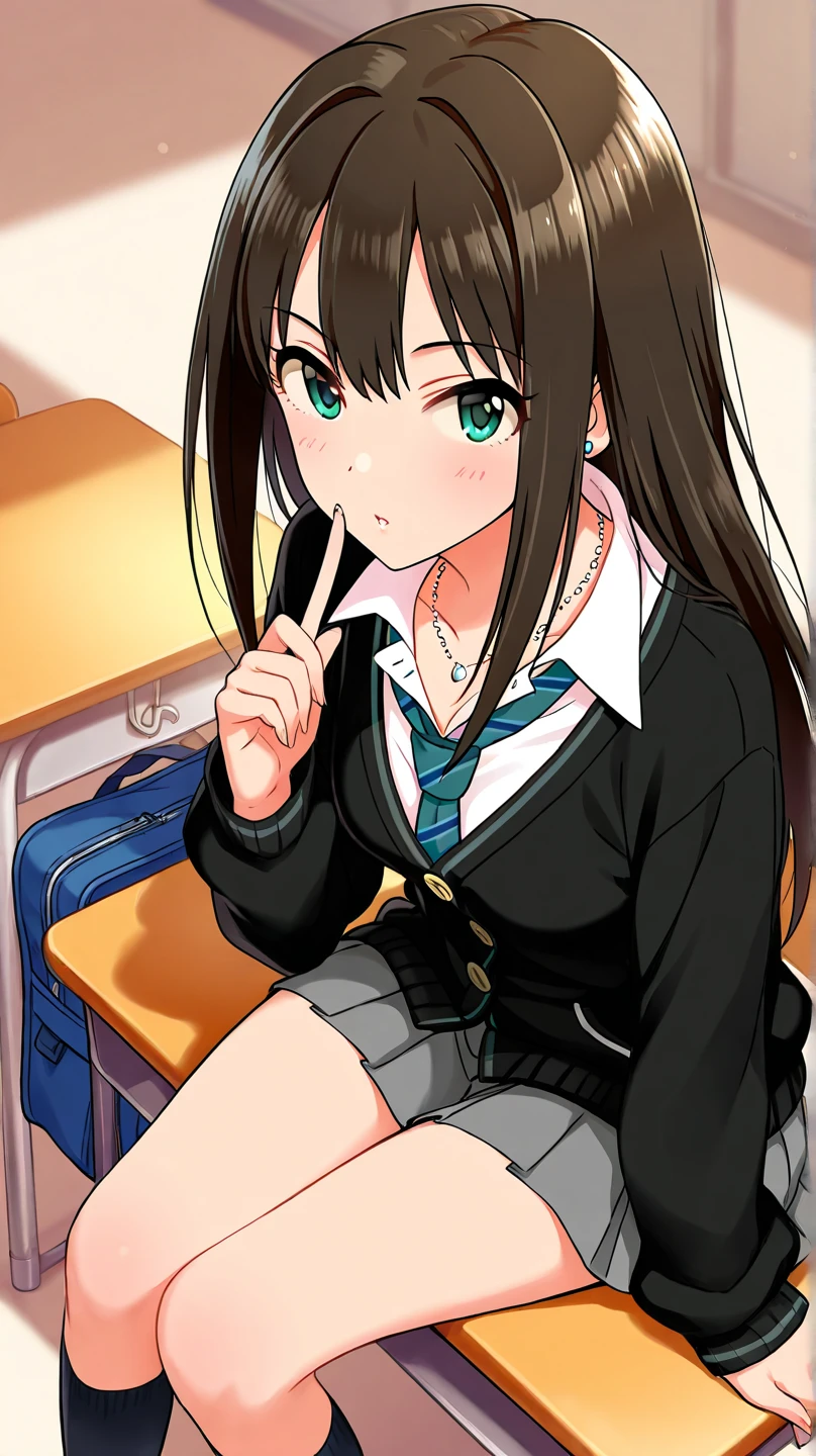Uma personagem para o Jogo amor doce high school life, romantic goth girl with dark hair and bangs that only cover half her forehead.