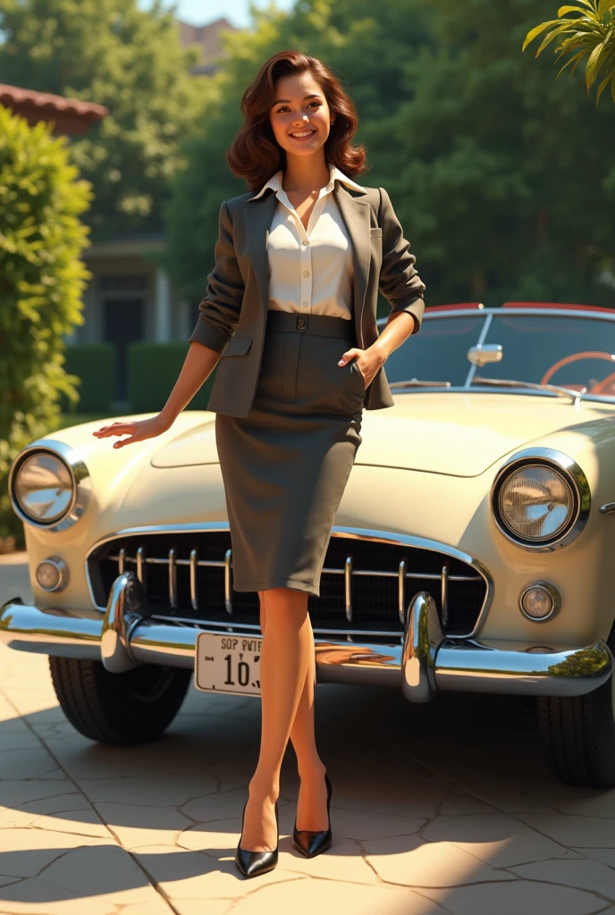 Masterpiece, Best quality, Realistic, 1人, a mature female, Sexy and charming girl, 25 years old, Very attractive look, Extremely detailed face, ((dark gray eyes)), ((Right sweep dark brown short hair)), [Slender eyebrows], Detective, International city, a white long skirt，Chest leakage，Bigchest，high-heels,， Cinematic lighting, holding a gun, Postural dynamics,eyes looking at viewer，Sit in front of the car