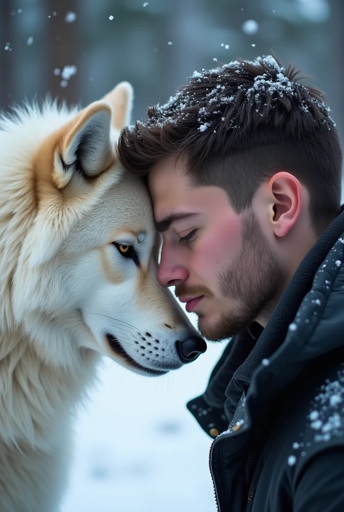 19 year old with moderately developed pectorals and biceps, Brown hair and red clothes passionately kissing a white furry wolf 