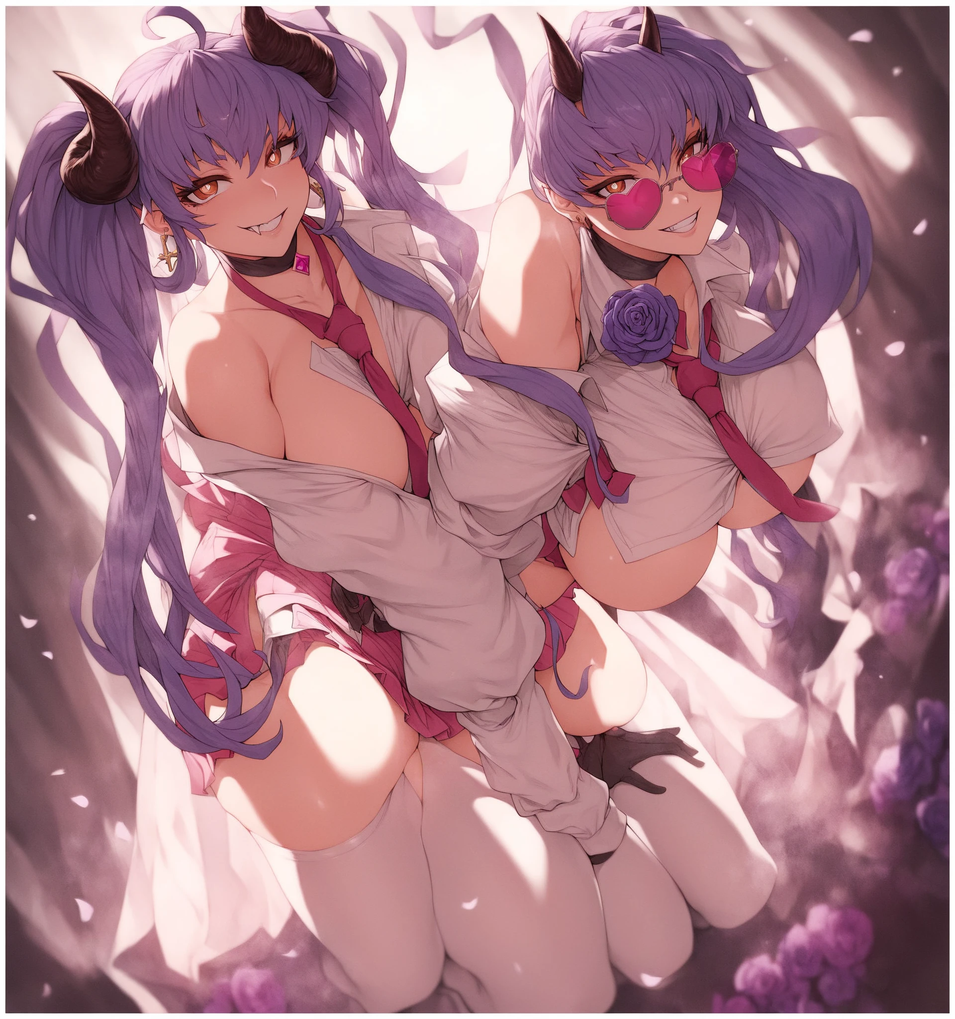 Details、ultra-detailliert、masterpiece、top-quality、Beautiful fece、A detailed eye、 (3 women:1.4)、Three Succubus(symmetrical succubus wings)、(triplets:1.2)、(Night time)、、(bow ribbon:1.1)、(Two-side-up)neck tie、bra very、耳环、()、Shady face、(dark backgrounds)、malicious smile、Bruises and ugly facial features、Young features、(、long-sleeve、(fluffy sleeves fluffy hair、(Open your mouth and laugh)、、l、Chiquita、Colossal tits、Colossal tits、(Put your hand on your face)、、Ruffled uniforms、hair clips、(Ridicule:1.1)、looking-down、Angle from behind、respected by women、(upward looking gaze:1.2)、超Colossal tits、(hearts symbol:1.5)、(Mass of heart:1.5)、(Heart Effect:1.5)、(heart mark:1.5)、demon tail、Devil's Tail、Succubus、(超Colossal tits:1.3)、Colossal tits、(Tattoo of the heart:1.3)、Yodare、Devil's Tail、Boob Matching ,Girl Sandwich face sandwich(confused and blushing、Small Girl、kawaii facepose your ahegao) Bury your face in cleavage top and bottom sandwich Sullen expression Women's bed I'm lying down Complete capture by turning your hands behind your back