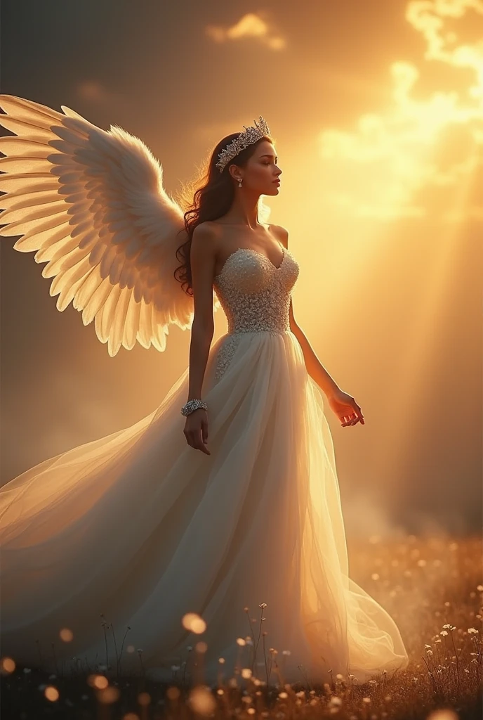 Soaring in the sky like a bird、Feathers on the back are stunning、sHe wears a golden crown on his head、Young and beautiful、Flying in the sky、big boobs、Alafed woman in white lingrie with wings and necklace, angelic wings on her back, Beautiful Angel, full - body majestic angel, a beautiful female angel, , of beautiful angel, , young wan angel, Angel Girl, of an beautiful angel girl, masterpiece, angel knight girl, 、Attractive even from the feathers on the back、large plumage、european,exposed boobs, amazing boobs, big tits, big boobies, sexy, white bra,