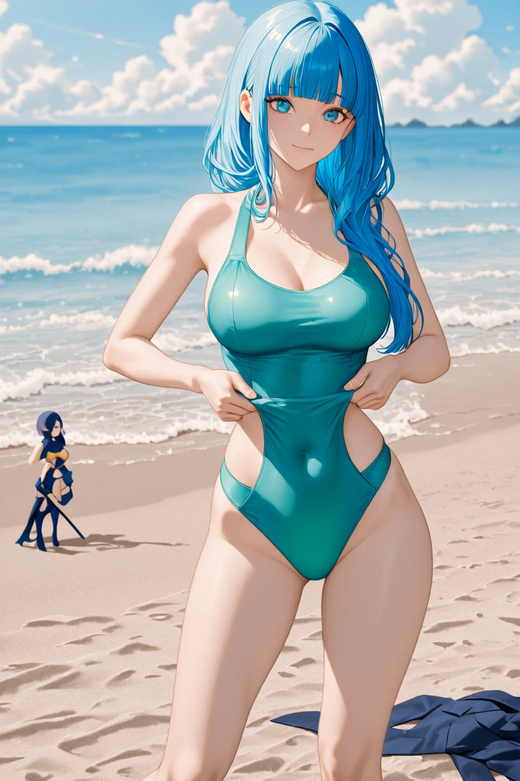 Full body image, face and hairstyle looks just like Minami Chiaki, beach, swimsuit, slim body, big breasts, huge breasts, beautiful breasts, beautiful legs, long legs, high heels, small buttocks, gravure idol, campaign girl, smile, natural pose, Clear blue sea, white sandy beach, sexy swimwear, hair blowing in the wind, bright smile, charm, confidence, bold and exciting, extreme string bikini, triangular bikini too small, stringy micro bikini, T-front pants, V front pants, digging in, sticking out, see-through swimsuit, short hair, black hair, topless