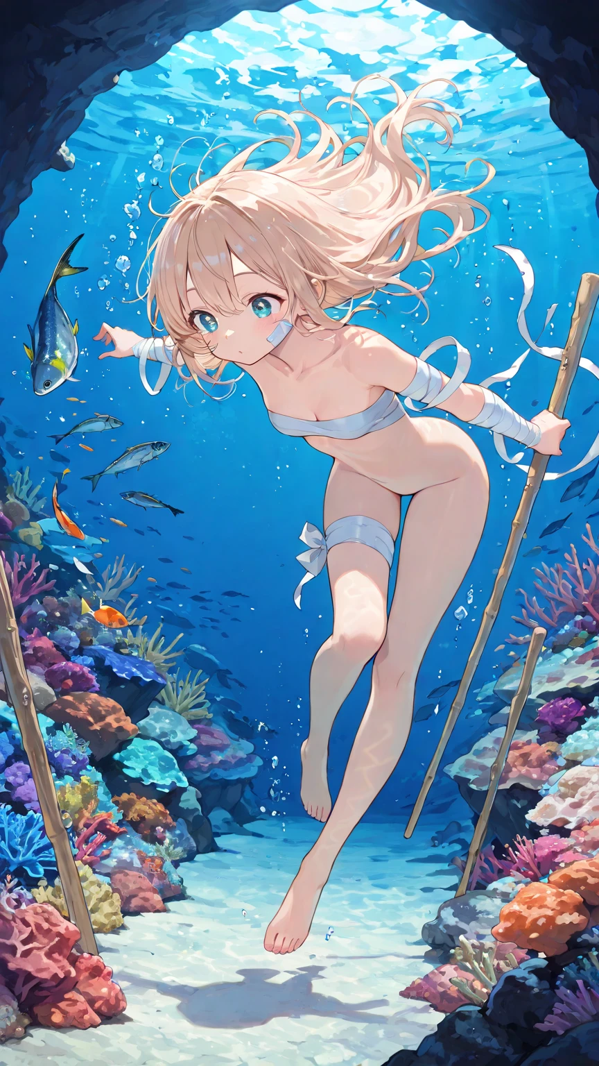 hiten kei style, claude monet, oil painting, mermaid, ((topless)), nsfw, masterpiece, underwater, coral reefs, schooling fish, 1 girl, erect nipples, intricately detailed, navel, bare shoulders, blonde hair, pearl necklace, fin hair ornaments, under sea, extremely detailed, bare breasts, puffy nipples, blue eyes, bare stomach, soaked, medium breasts, arm strap, swimming, teen, soft eyes, smiling, armpit, happy, half open eyes, lusty eyes, blushing, long hair, side bangs