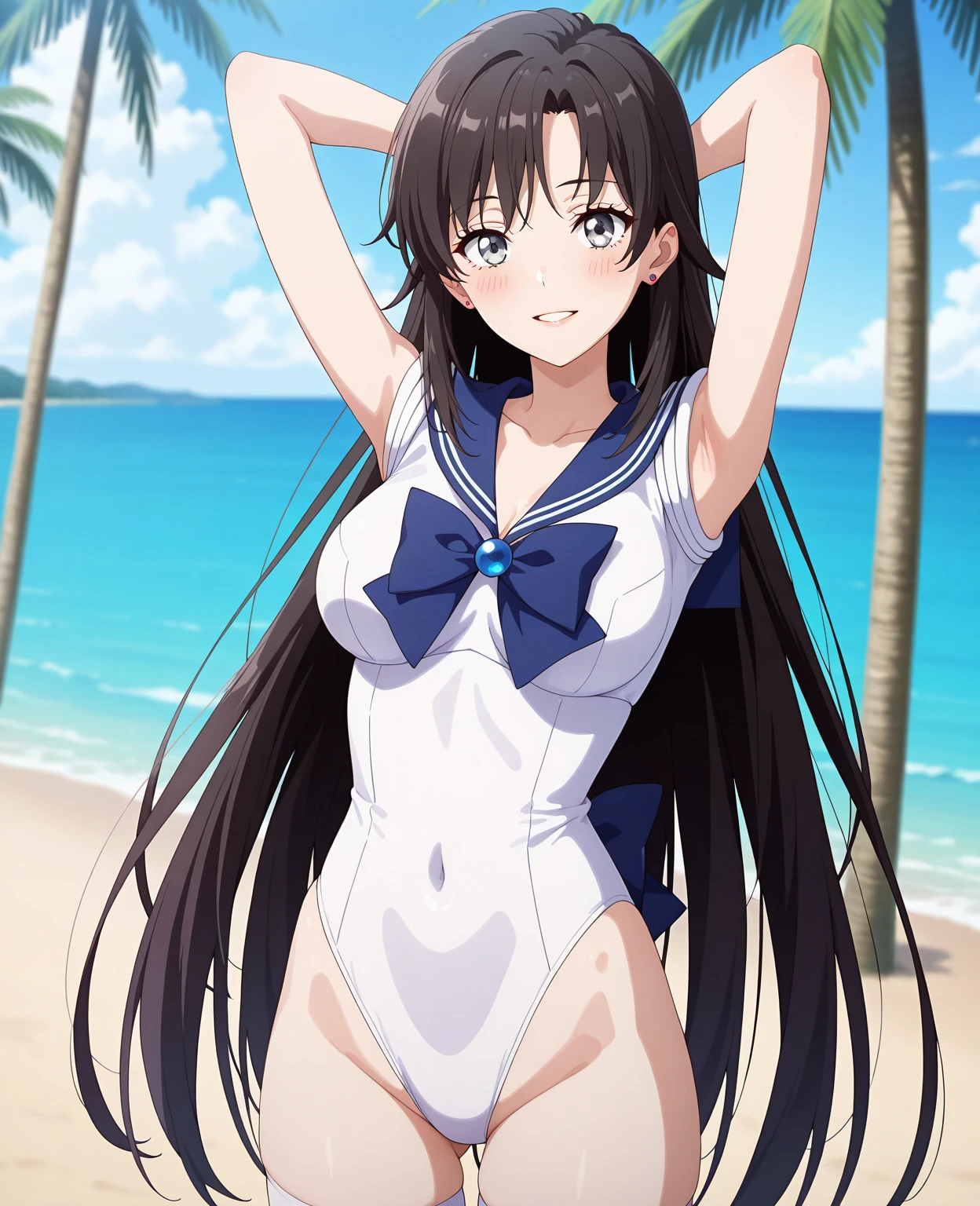 (highest quality:1.4), 8K resolution, Ultra HD, (High resolution:1.4), cinematic light, 1 girl, embarrassed face, very fine eyes,medium-sized chest、white skin, bikini, outdoor, swimming pool, Clear blue sky,blush、(looking at the viewer)、model pose、forced smile、MS、rabbit earrings、cowboy shot, sexy belly, sexy,