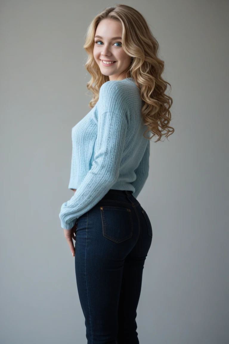 <s34hb02>, ((Colorful background)), close portrait photo, Spectacular light, 8k, soft lighting, high quality, breast, top, Mini-skirt, upper body, (Turtleneck), Turtleneck, smile, jeans, Colorful background, Colorful background