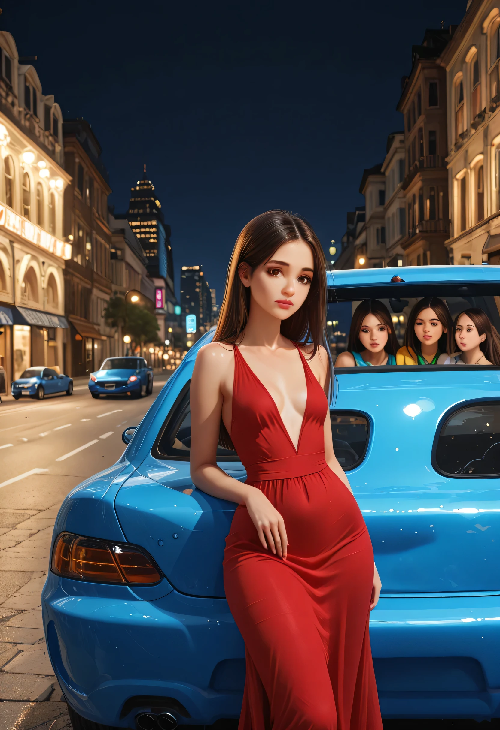 Create an image of a sexy woman in red lingerie posing on the hood of a red BMW. The setting should be stylish and modern, with the car parked in an upscale, urban environment, perhaps at night with city lights in the background. The woman should exude confidence and allure, with her pose accentuating the sleek lines of both her lingerie and the car. The overall image should be bold and captivating, highlighting the contrast between the sensuality of the woman and the elegance of the car