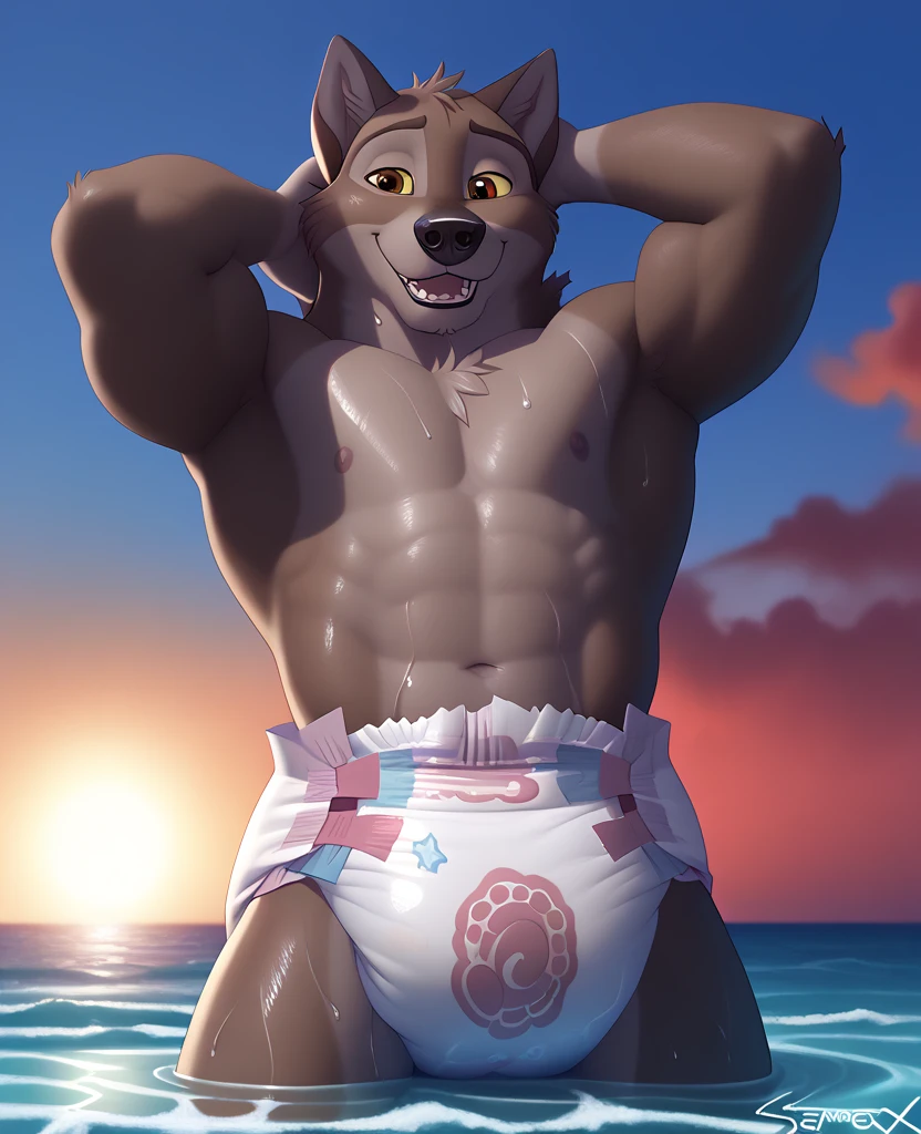 ((by zackary911)), ((zackary911)), ((otter)), anthro, friendly, solo, ((very detailed crotch)), ((very detailed tail)), very detailed, ((very detailed fur texture)), ((very detailed background, beach)), ((very detailed balls)), ((very detailed paws)), ((very detailed legs)), ((very well drawn paws)), ((very well drawn legs)), ((brown fur)), ((day)), ((large Penis)), ((very detailed Penis)), ((very detailed pre-cum)), ((large balls)), ((sitting back)), ((giant)), ((musclegut)), ((happy)), ((waving)), ((Very detailed swim shirt)), ((swimming goggles on head))