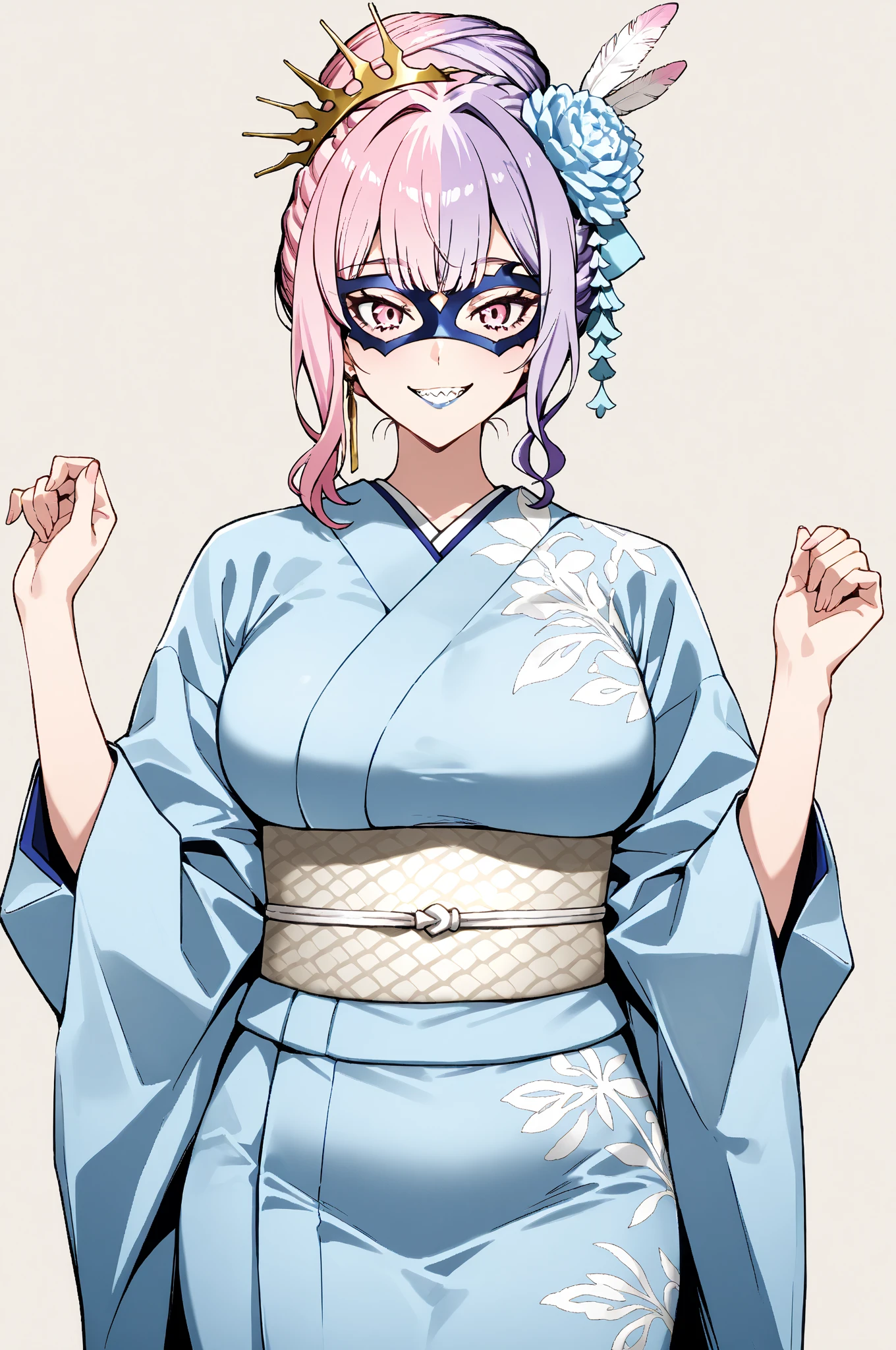 1girl, long hair, pink hair, multicolored hair, yellow eyes, blush, lipstick, masterpiece, best quality, highly detailed, a anime girls in kimono dress with a sword posing for a
picture, bare shoulder,open kimono, evil smile, open mouth, crop top , (nsfw) not safe for work, smile,
ecchi anime style, anime girls, ecchi style, ecchi, digital anime art!!, in anime style, official artwork, visual
novel cg, beautiful anime girl, anime style 4 k, kimono pencil skirt, exposed belly, exposed navel,
exposed midriff, exposed lower belly, outdoor, japanese architecture, temple