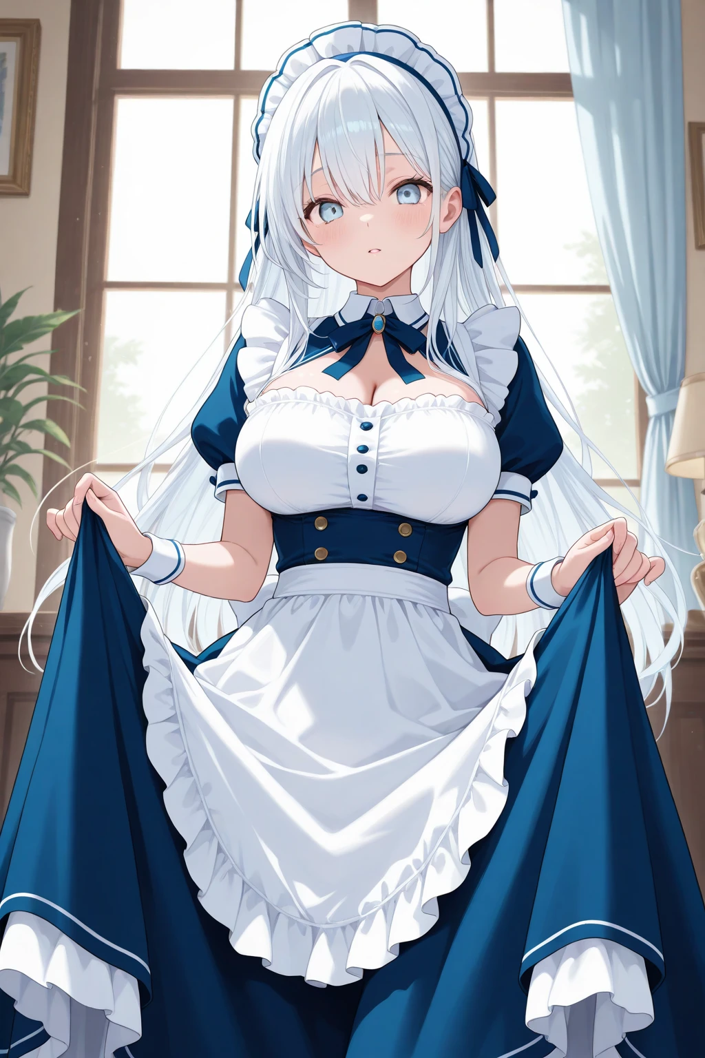 low angle, one person, best quality, Long Hair, silver hair, maid, enormous tits, morning light, blush, ecstasy
