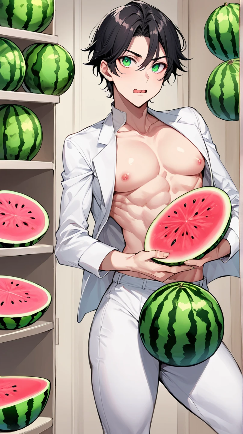 Ultra fine illustration green naked、Cucumbers on hands,Kappa、 twinks、Solo Men、 very detailed beautiful face and eyes, look at viewr、Cowboy Shot, Solo, Dynamic Angle,No background、Background through
