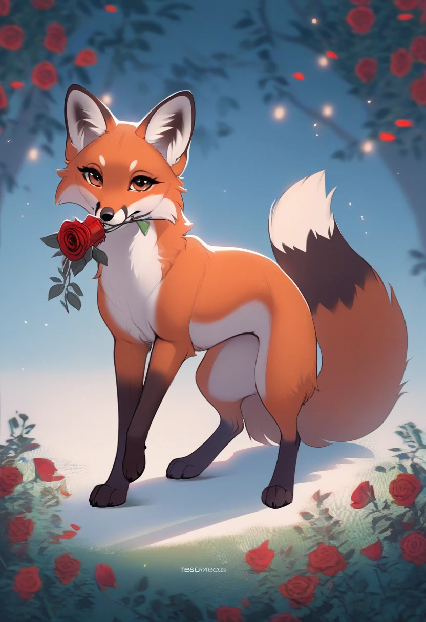 red fox, vixen, feral, sitting, cute, beautiful, heart, holding rose in mouth romantically, lovely, friendly smile, looking at viewer, night, highres, unparalleled masterpiece, perfect artwork, absurdres, rzminjourney, vector-art, masterpiece)(kemono, furry anthro), round