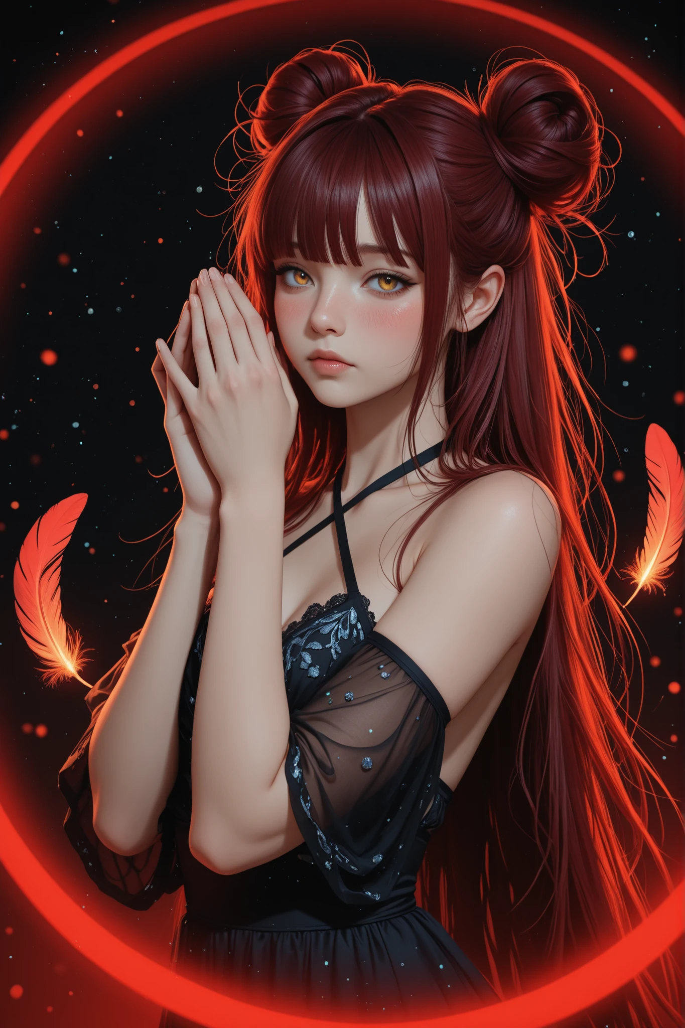 1girl, woman, masterpiece, best quality, high quality, absurdres, very aesthetic, 8k, depth of field, subject focus, face_focus, detailed eyes, looking at viewer, 
red feathers, haute couture, lingerie, criss-cross halter, hair buns, messy hair, extreme long side bangs,
front particles, side light, night,
cinematic, dramatic atmosphere,
dynamic hand motion, blush,
dutch view, side view,
black background, red background, circle, 
sensual_sleeping_pose,
lumireij, bioluminescence, glowing threads, blue particles, dark, 