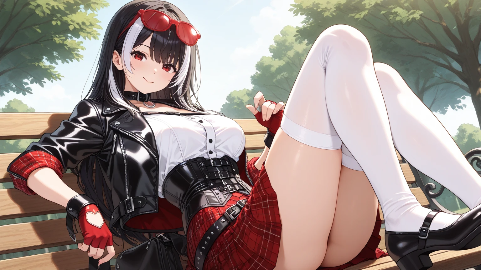 (((rin shibuya))), alone, shorts, head ribbon, jewelry, red shorts, thighs thighs thighs, short shorts, bridal leg wear, necklace, single glove, hair ornaments, Barrette, star necklace, shoes without toes, leather, Brown gloves, Knee-high boots, thighs thighs thighs, leather Belt, brown belt, leather gloves, blue belt, belly button, thigh boots, Sleeveless , thigh pouch, white thighs, clavicle, brown shoes, cleavage,  outdoors, sitting