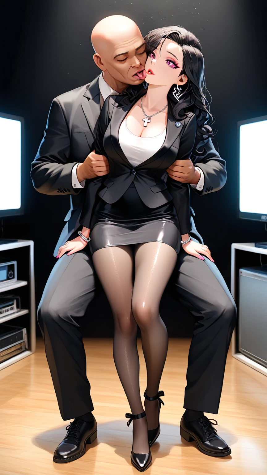 score_9, score_8_up, score_7_up, score_6_up, ochako uraraka, brown eyes, brown hair, short hair, blush, blush stickers, BREAK (masterpiece:1.2), best quality, high resolution, (beautiful detailed eyes:1.3), perfect lighting, (perfect hands, perfect anatomy), 1girl, breasts, nipples, nipple piercing, frogtie, hetero, bound, censored, 1boy, penis, rope, sex, bondage, bdsm, office lady, piercing, pantyhose, black pantyhose, shibari, restrained, testicles, bound legs, torn pantyhose, torn clothes, pussy, ahegao, id card, nipple bar, vaginal, high heels, interracial, tongue out, large breasts, open mouth, dark skin, arms behind back, tongue, skirt, thighband pantyhose, earrings, jewelry, sex from behind, dark-skinned male, anal, large penis, reverse suspended congress, rape, clothes lift, black skirt, breasts out, jacket, bound arms, black footwear, drill hair, clothed female nude male, motion lines, struggling, crying with open eyes, lips, sweating profusely, steaming body, bulge stomach,
