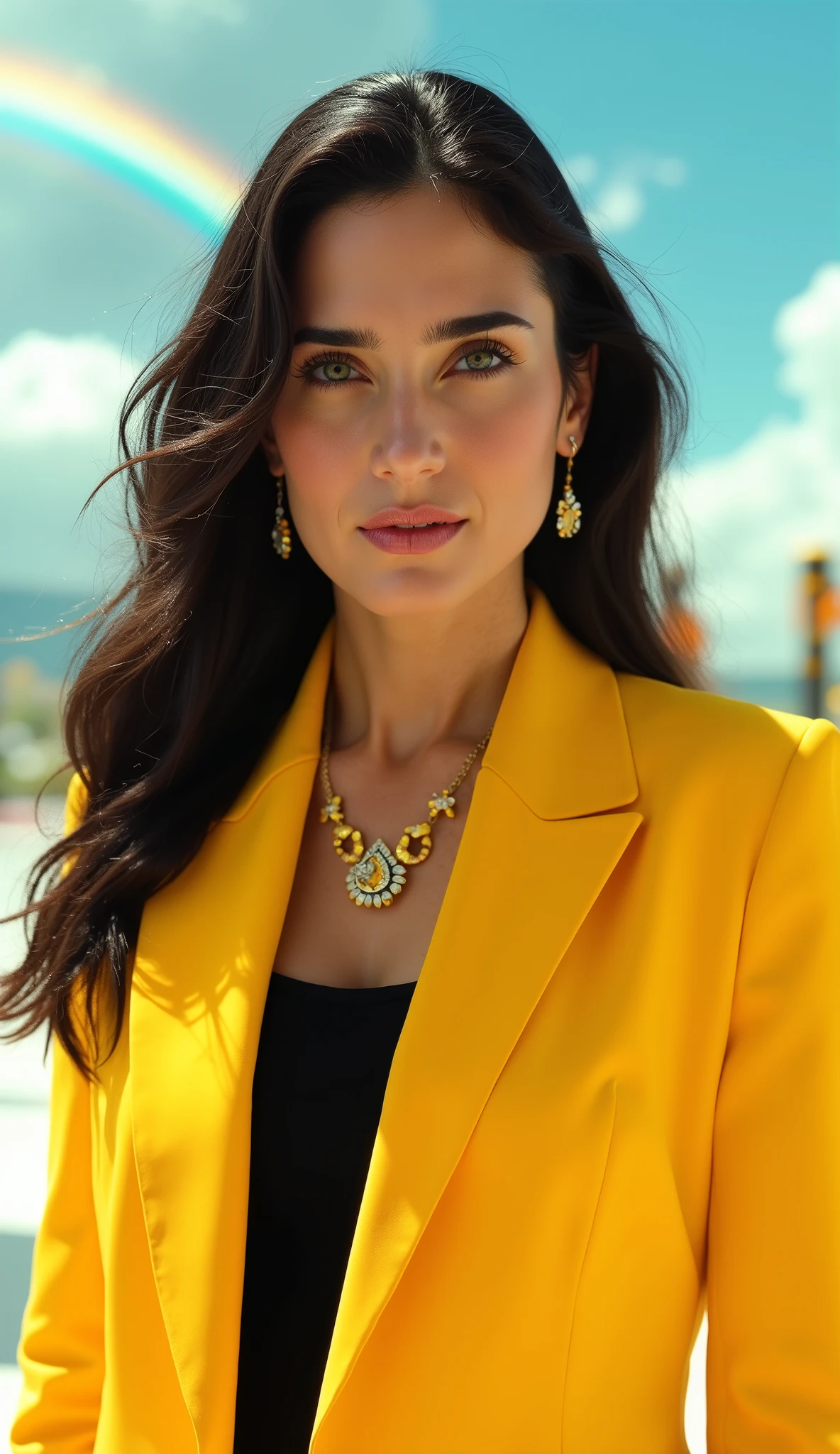 Jennifer Connelly in a yellow blazer with a black shirt underneath in high quality mega-realistic with yellow diamond necklace and earring, Background with clear skies of beautiful rainbows and magnetic towers and robotic people in high quality in 20k