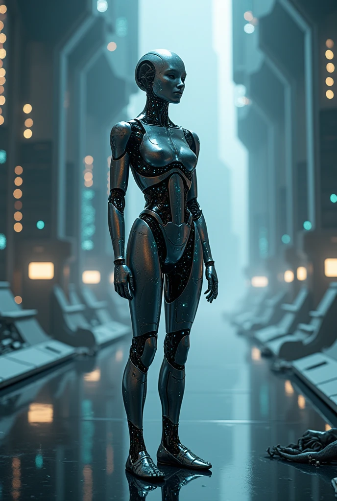 a highly realistic sex-service android, detailed intricate mechanics, complex internal components, chrome and duralumin exterior, massive duralumin trunk, futuristic sci-fi concept, cinematic lighting, dramatic shadows, dramatic lighting, intricate detailing, 8k, hyperrealistic, photorealistic, masterpiece