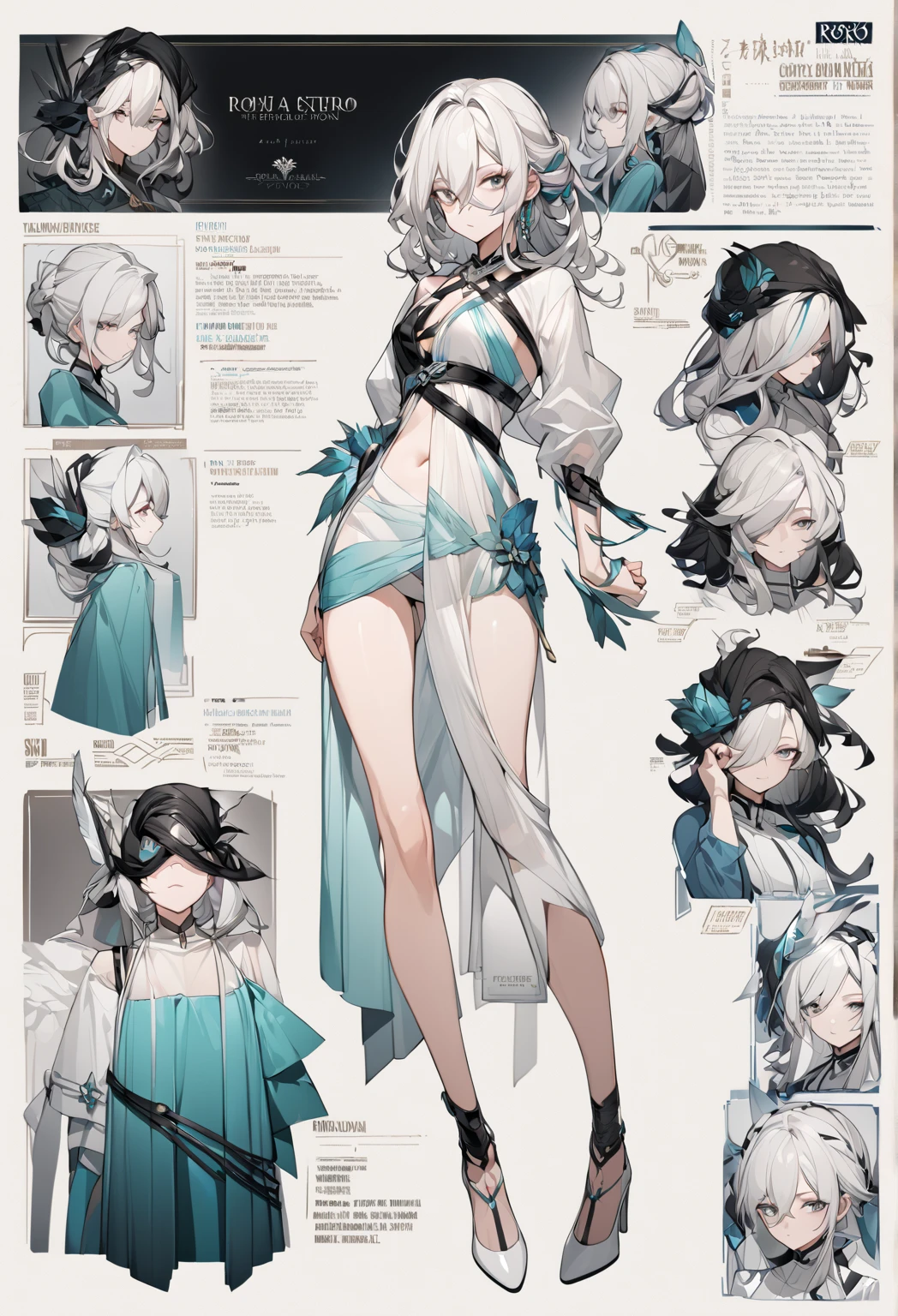 multiple views, pencil sketch, (sketch:1.25), shy, best quality, graphite \\(medium\\), ske, gradient, rainbow, note, Line draft, highres, absurdres, (ultra-detailed:1.1), (illustration:1.1), (infographic:1.2), pajamas, (all clothes configuration:1.15), (solo), perfectly drawn hands, standing, cohesive background, paper, action, (character design:1.1), 
(thong:1.2), nude, 
<lora:yunmo-v100-000024:0.65:lbw=OUTALL>, yunmo, 1girl, fu hua, hair over one eye, blue eyes, very long hair, hair ornament, bare shoulders, bangs, ponytail,
<lora:Out-opening-style-clothing èé¢åå¤æå¼ç»èä¸èº«è¡£æ æè£:0.85:lbw=char>, (breasts apart,revealing clothes,groin,halterneck:1.1), (white silk stockings:1.1), 
<lora:Anime Lineart ,Manga-like (çº¿ç¨¿,ç·ç»,ãã³ã¬é¢¨,æ¼«ç»é£) Style:0.4>, <lora:Sketchy - Style:0.2>, 
[[delicate fingers and hands:0.55]::0.85], (detail fingers), (empty hands:1.1), bare_hands, 
(beautiful_face), ((intricate_detail)), (revealing clothes:1.2), clear face, 
((finely_detailed)), fine_fabric_emphasis, 
((glossy)),
