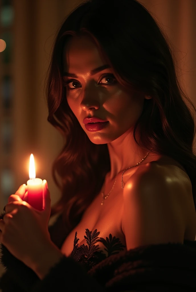 mexican model, 30 years old, wearing red lace lingerie, long and straight black hair, fashion shoot, the model is in the church, subtle artificial light, candles in background, smiling, the model is holding up a candle with left hand while singing with closed eyes, the candle is melting, HDR, ultra-realistic, shoot with Canon 5D, hyper-realistic details, intricate details, --ar 2:3