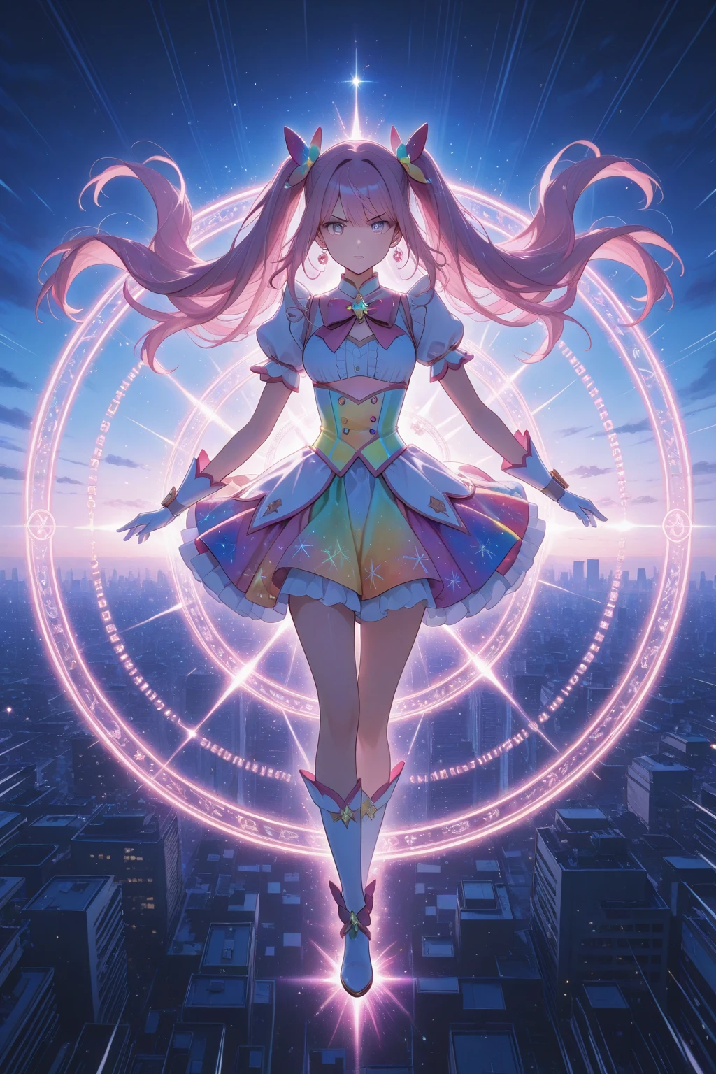 Action Scenes,Fight,Anime screenshots、 Artistic anime illustration of a woman adorned with glowing neon 電子回路 tattoos all over her body and face。 Arm and leg tattoos mixed pink, Blue and white runes、It emits a neon light。 She has been a long time, Flowing Hair.、、 This scene、Dreamy soft focus effect.sword、 Highlight the dreamy glow of your tattoo.、front,Slashing,neon,Finding,Spinning