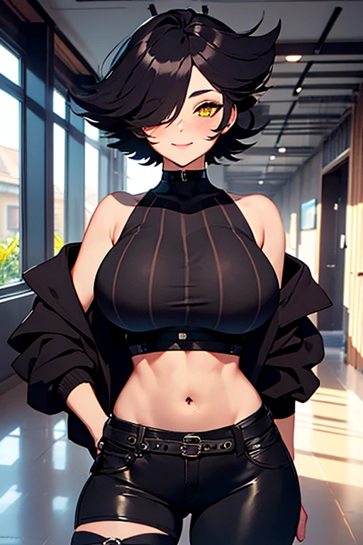 1girl, spiked hair, very short hair, yellow eyes, tan, tan skin, tan-skinned female, black hair, tomboy, pixie cut, large breasts, hourglass figure, thick thighs, smile, smirk, smug, toned, white shirt, jacket, sneakers, black jacket, shirt, short pants, shorts, standing, full body