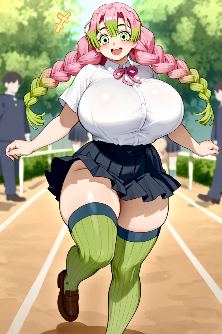 1 beautiful girl,A sunny park where many people gather,Large crowd,I'm excited to see so many people,Best Quality, Bright colors, High-definition illustrations,extremely delicate CG,hightquality,masuter piece,upper limbs,dent in the skin,Realistic damp skin,Mass sweat,Innocent face,It feels good and refreshing,Beautiful big blue eyes,((she spreads her legs wide、I bent my knees and made a vulgar pose..:1.2)),(pee vigorously:1.1),((Bright emerald green hair with a short bob cut:1.2)),((Big big yellow bow tie shaped ribbon on the back of the head:1.2)),Open mouth, sticking out the tongue,(He wears a navy blue bow tie around his neck..), (Hands folded behind the head:1.1),Underarm leather long gloves:1.1),(Rich big:1.1), (very large pink areolas,:1.1),((Transparent white sleeveless shirt 1.2)), large curved hips,hypertrophy,thick thighs, perfect leg,Plump,((black leather bloomers and purple pantyhose:1.2)),(You can see through your:1.1),((Golden pee comes out of her like a water gun.)),((short yellow skirt:1.2)),(Red high heels:1.1)