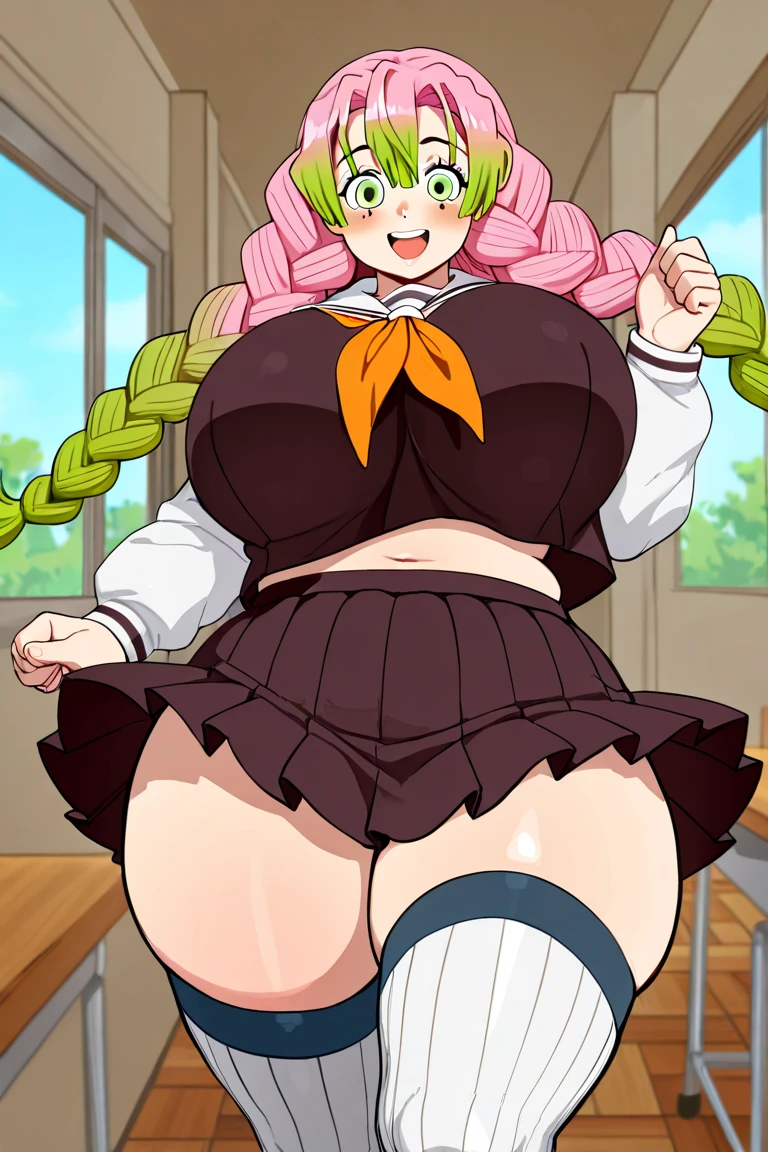 Mitsuri Kanroji from Kimetsu no Yaiba wearing a cheerleader outfit with a very short skirt showing her huge ass and has a hand mark as if it were a spanking on her huge ass seeing a giant black penis.as big as a person ready to suck it and get filled with semen
