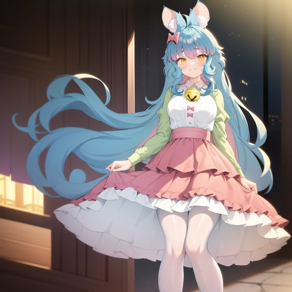 (beautiful young woman), close up, view from below, (full body), fluffy cat ears, fluffy fox tail, stylized dress, shoes, cute pose, ethereal, open mouth, medium breasts, ticc tighs, blush, dreamy eyes, violet eyes, glowing eyes, (cute expression) (multicolored hair) blue hair, pink hair, hair ornaments, (absurdly long hair) curvy, shiny skin, beautiful garden, blue flowers, red flowers, violet flowers, purple flowers, white roses, vivid and contrasting colors, pink skies, clouds, Sakura tree,