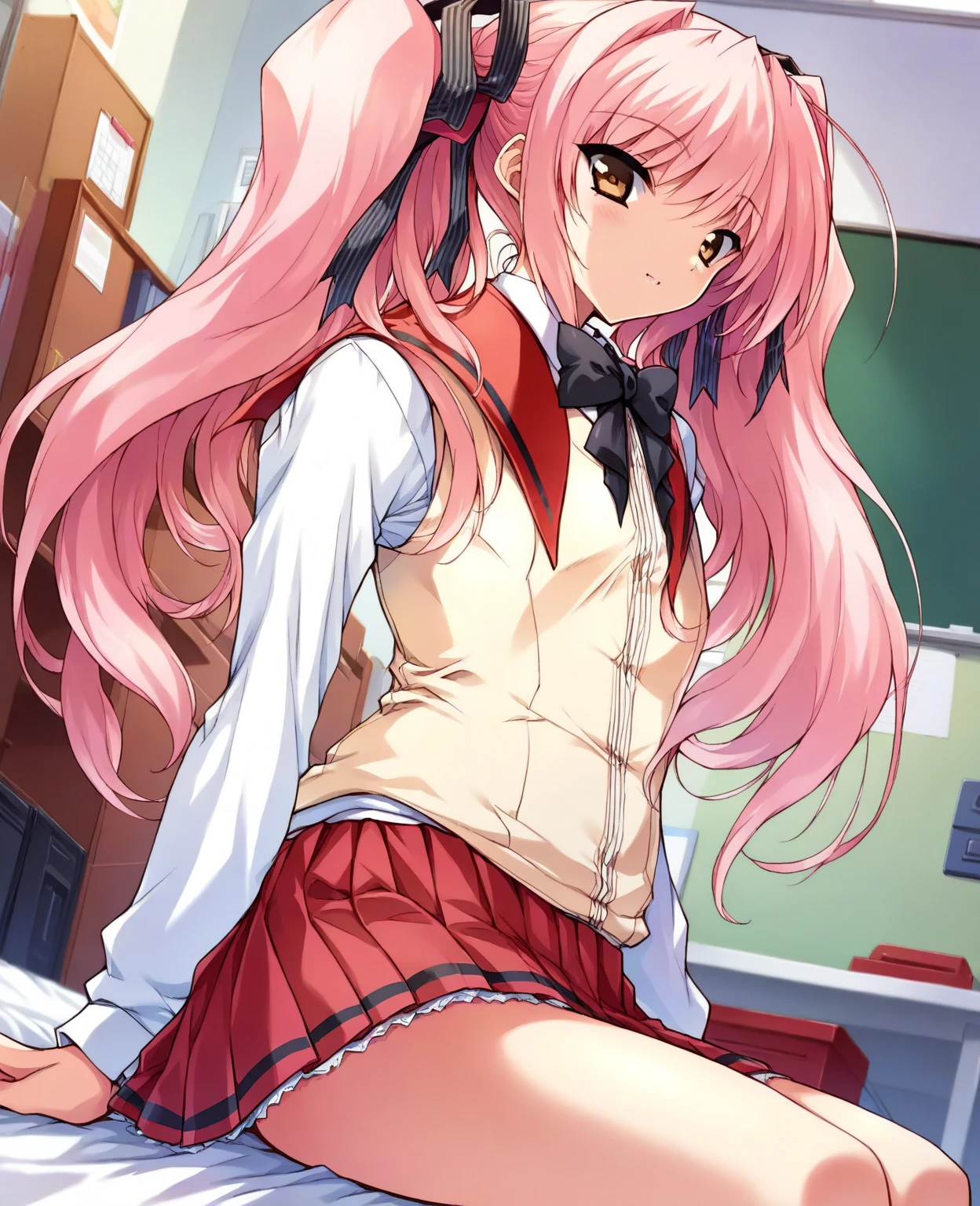 1girl, solo, anime coloring,
long hair, pink hair, red eyes, seductive smile, small breasts, white shirt, red bowtie, hairclip,
masterpiece, best quality, very aesthetic, absurdres,Stripes々Panties、Panties in full view、Skirt fully visible、Without skirt、Panties fully exposed
