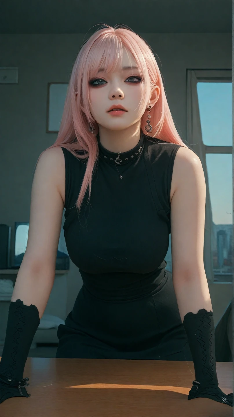20yo woman, chinese, pale_skin, bangs, light pink hair, long hair, BREAK purple sexy dress, sitting on bed, wet skin, BREAK against PC monitor in background, rim light, silhouette, (black room), (half pink and blue light), calm theme, Nikon D7500, close up shot, blurry background