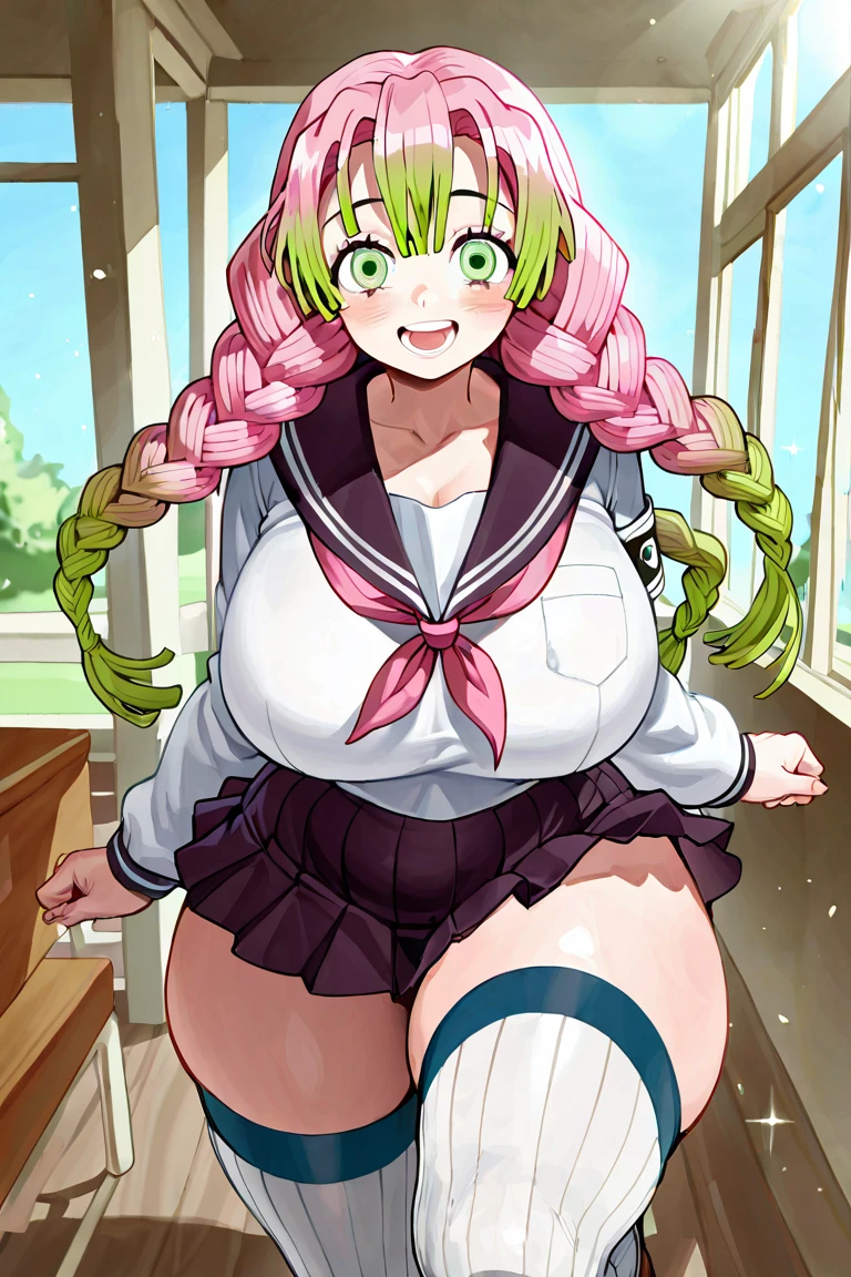 Fraction_9，Fraction_8_direction_7_direction_6_direction_5_direction_4_up，Green short hair，Green Eyes，Tie a bow at the back of your head，Purple and sailor collar，Striped sailor suit，Blue pleated skirt，White socks，leather shoes，Bean eyebrows，Wide hips，Thick thighs，Huge breasts，Huge ass，There is a bow at the back of the hair，Hair between the eyes，Sexy，Cute girl，Green Hair，permanent，Positive face，Sex Workers