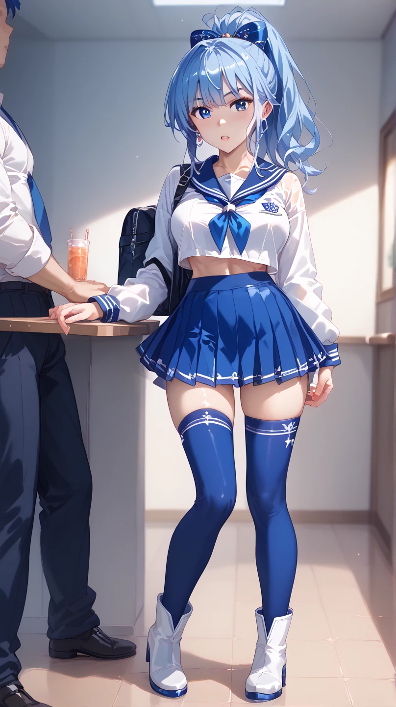 Anime girl, uniform, mini skirt, blue hair, lifted skirt, blue panties