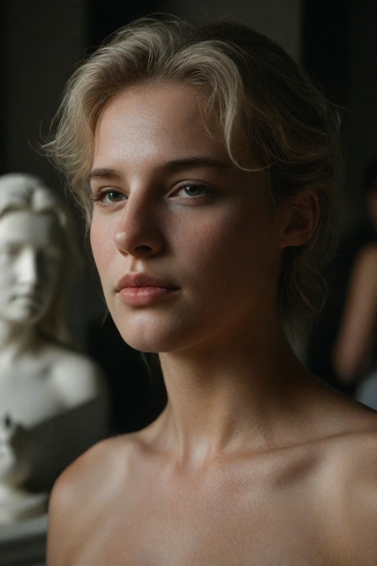 ((beautiful woman, 22 years old, a thin fit body blonde)), standing in front of a nude woman statue, wearing open button up, full cleavage, shapely firm breasts, highly detailed skin texture, alluring, masterpiece, best lighting, best quality, high resolution hyper realistic, photorealistic, high-res photography,